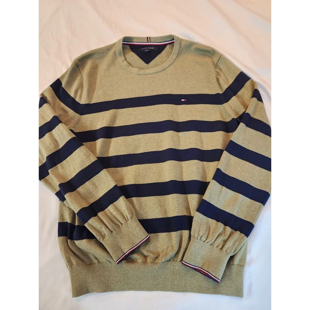 Tommy Hilfiger Mens Striped Crewneck Sweater Olive Green Cotton Large Preppy